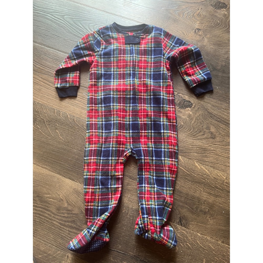 Eddie Bauer Kids 18M Red Navy Blue Plaid Fleece Footed Sleeper Pajamas